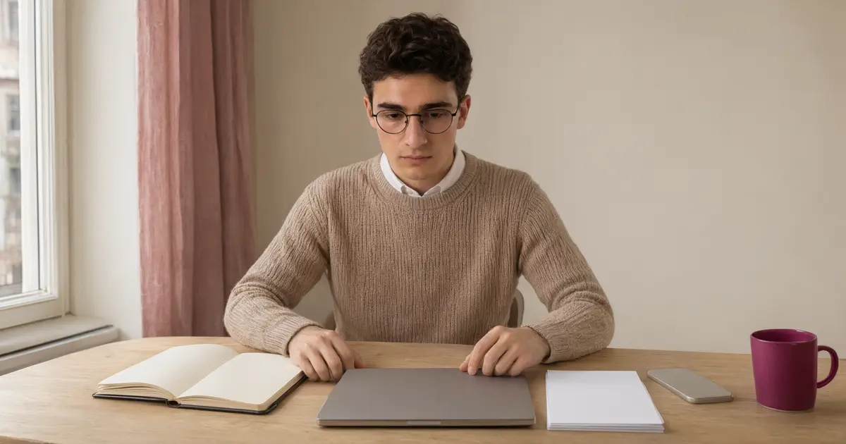 Młody mężczyzna w okularach siedzi przy biurku i patrzy na ułożone przed nim w rzędzie zeszyt, zamknięty laptop, stos czystych kartek i telefon