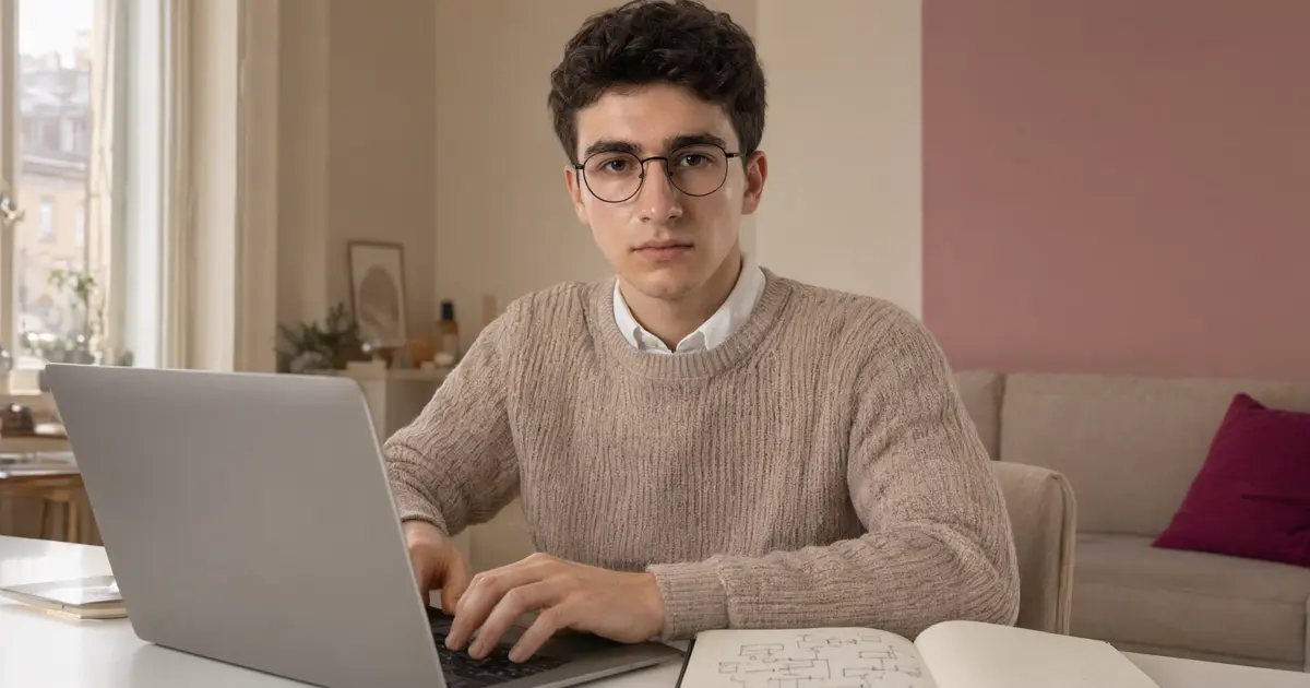 Młody mężczyzna w okrągłych okularach pisze na laptopie odwróconym ekranem od widza, obok otwarty zeszyt ze szkicem schematu blokowego