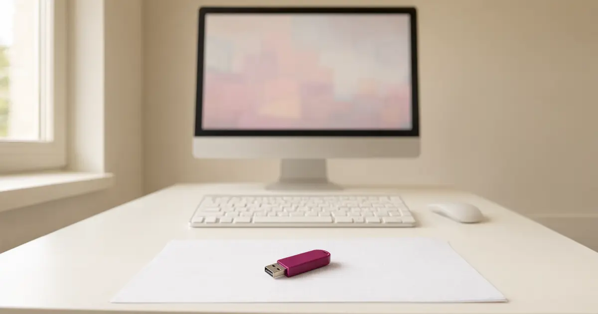 Różowy pendrive na kartce w kratkę, w tle monitor z rozmytym ekranem i klawiatura poza ostrością