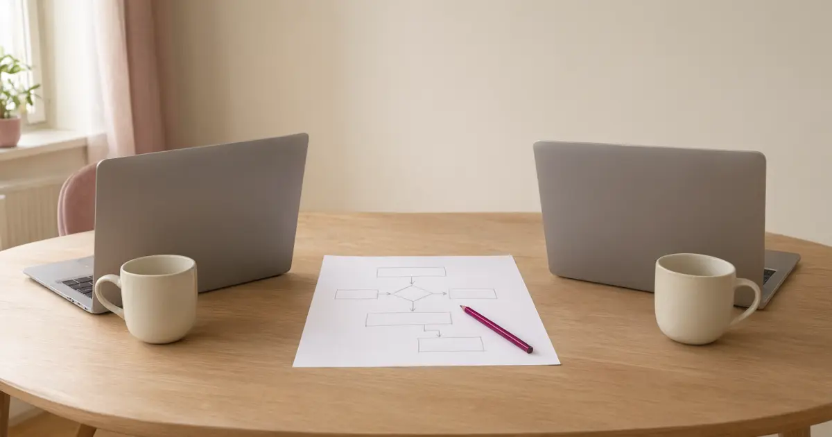 Dwa laptopy po obu stronach okrągłego stołu, między nimi kartka ze szkicem schematu blokowego, różowy ołówek i dwa kremowe kubki