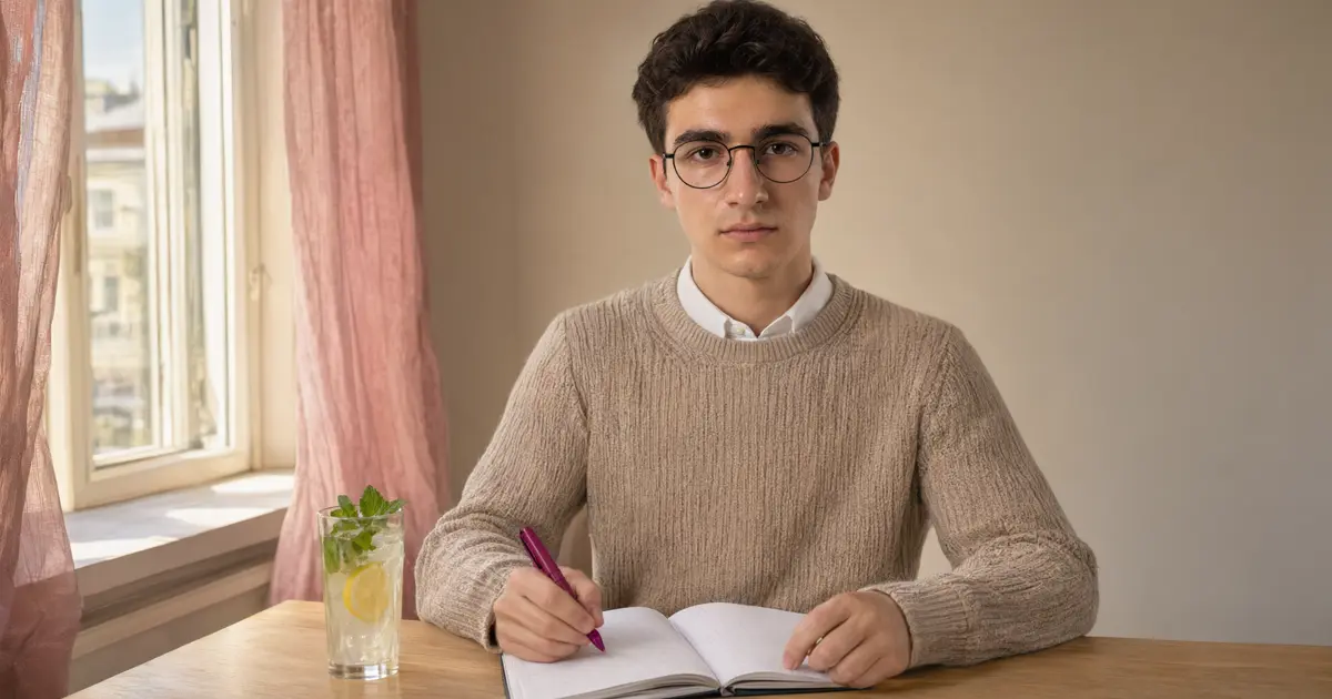 Uczeń w okularach siedzi latem przy otwartym oknie nad zeszytem w kratkę, obok szklanka lemoniady z miętą