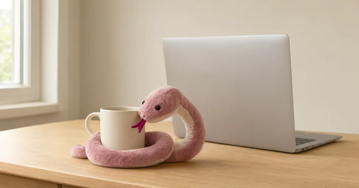 Różowy pluszowy wąż owinięty wokół kremowego kubka, za nim srebrny laptop odwrócony klapą do widza
