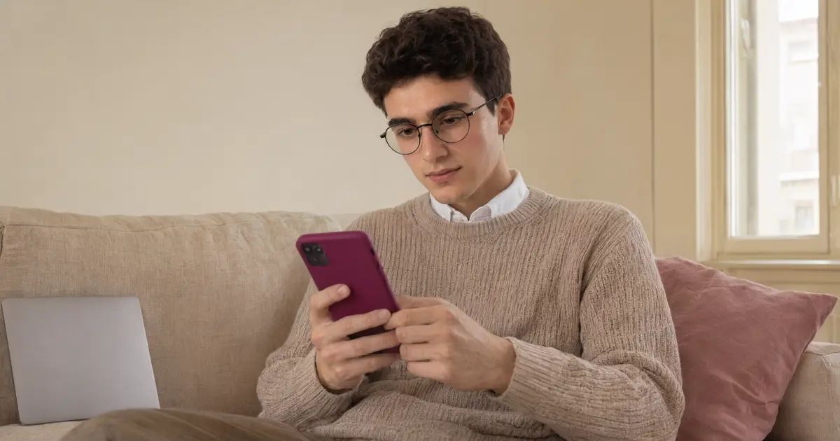 Młody mężczyzna w okularach siedzi na kanapie i z lekkim uśmiechem czyta coś na telefonie