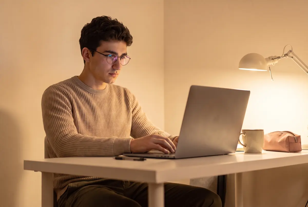 Uczeń pracuje wieczorem na laptopie przy biurku oświetlonym lampką