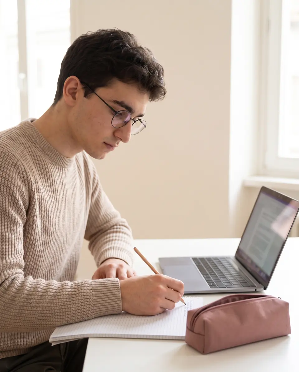 Uczeń notuje w zeszycie, patrząc na ekran otwartego laptopa